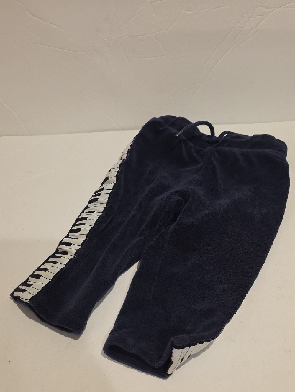 Mini Rodini Navy Velour Joggers with Piano-Stripe Side Panels